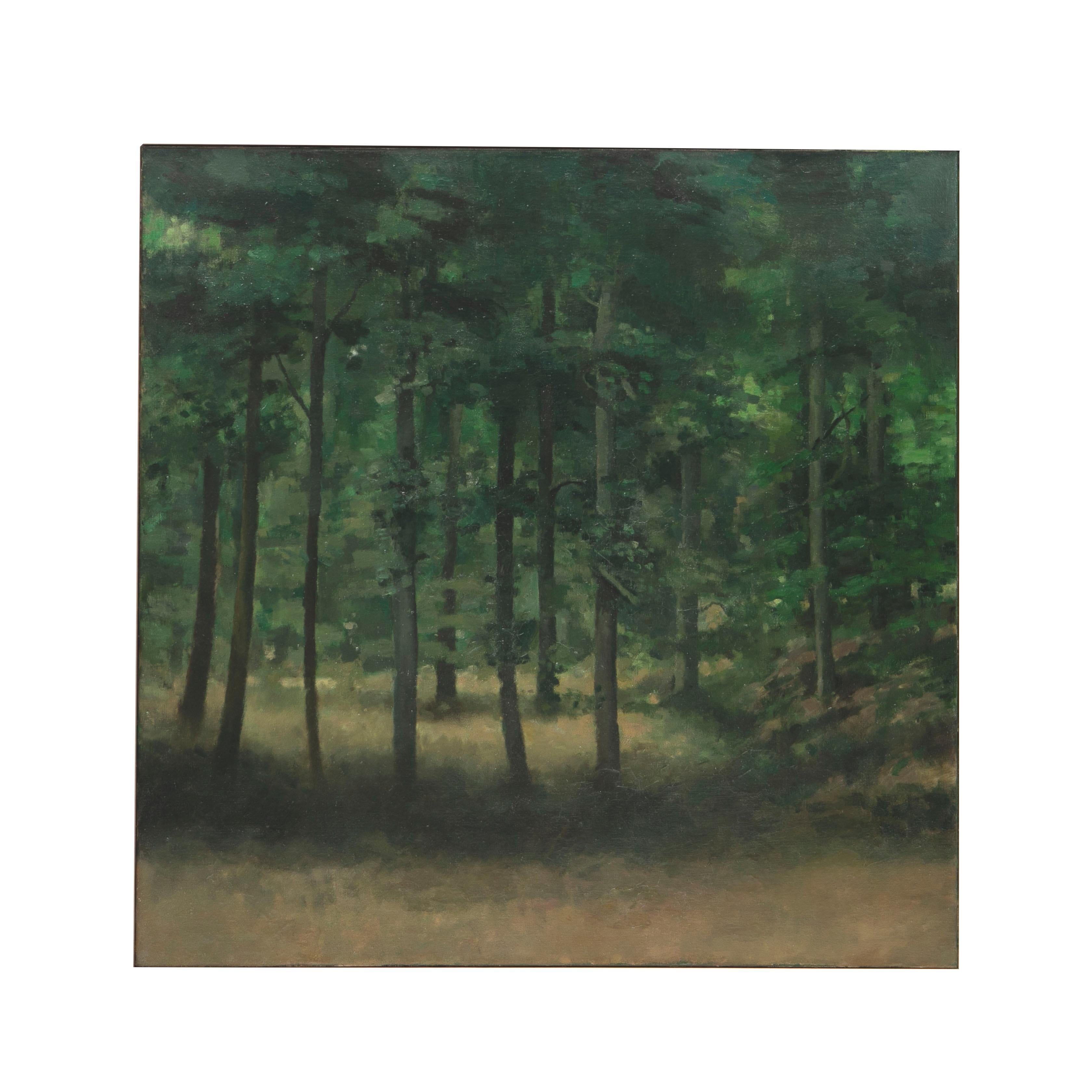 Preben Fjerderholt (Danish 1955-2000).
Oil on canvas landscape painting by Preben Fjederholt. Depicts a beech forest clearing, with the sunlight glowing through the trees.

Dimensions without frame: 100 x 100 cm.
Framed in white pigmented pine