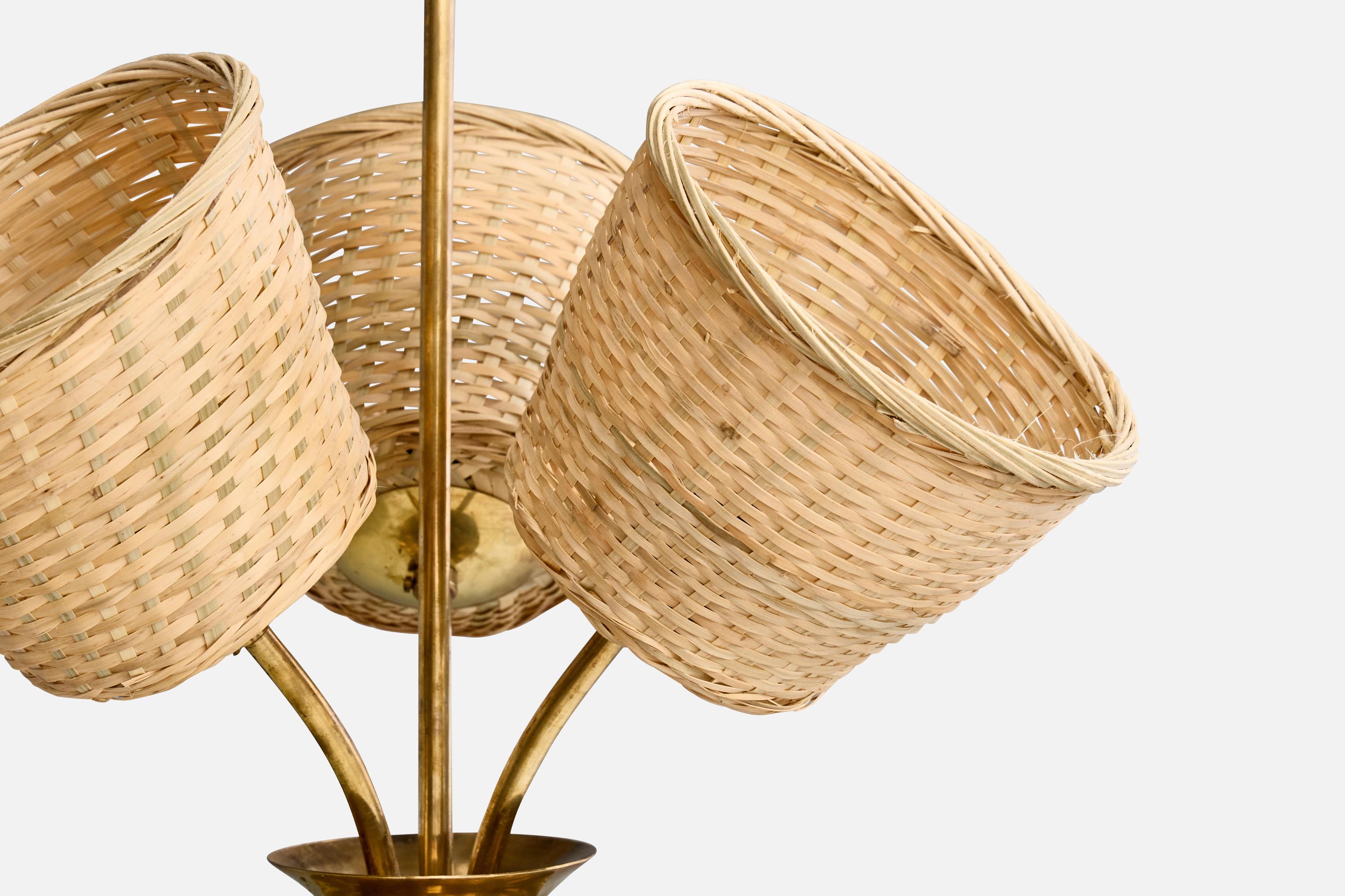 Laiton Precenta, lustre, laiton, rotin, Finlande, années 1950 en vente