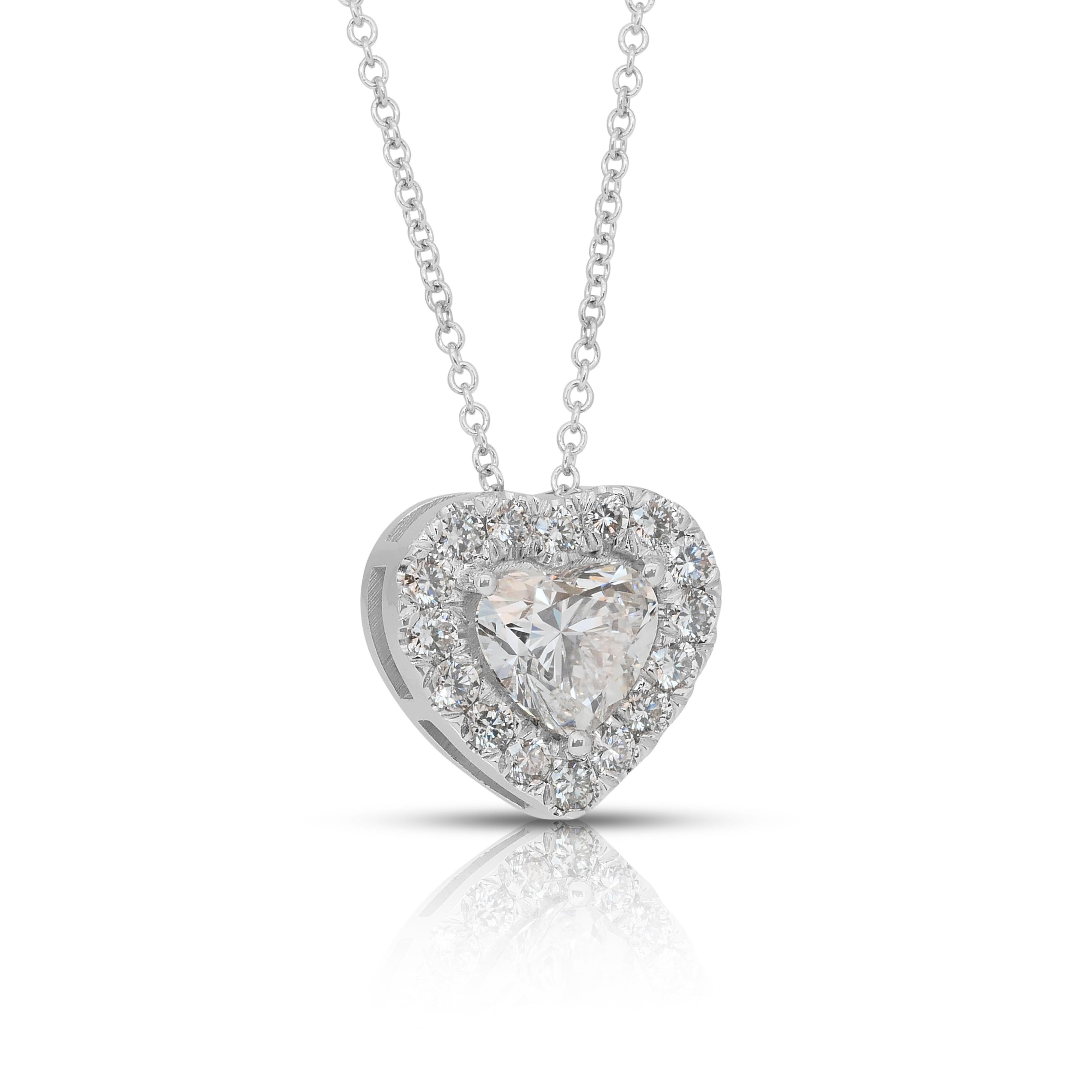 Precious 1.46ct Diamonds Necklace with Heart Pendant in 18k White Gold - IGI Certified

A true symbol of love and luxury, this stunning necklace showcases a breathtaking 1.01ct heart-shaped diamond. Framed by 16 round diamonds with 0.45ct total, the