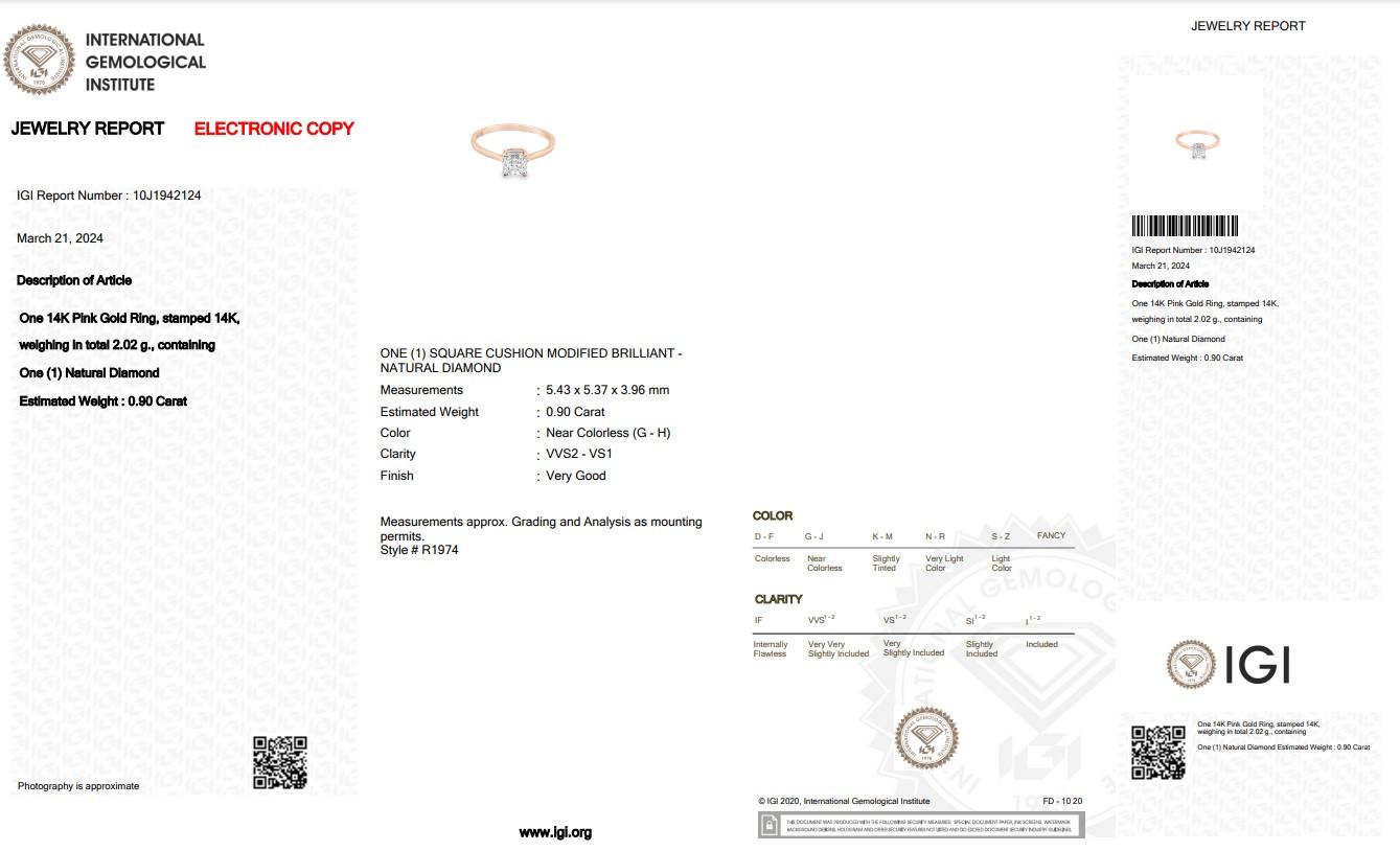 Precious 14k Rose Gold Natural Diamond Solitaire Ring w/0.90 ct - IGI Certified 1