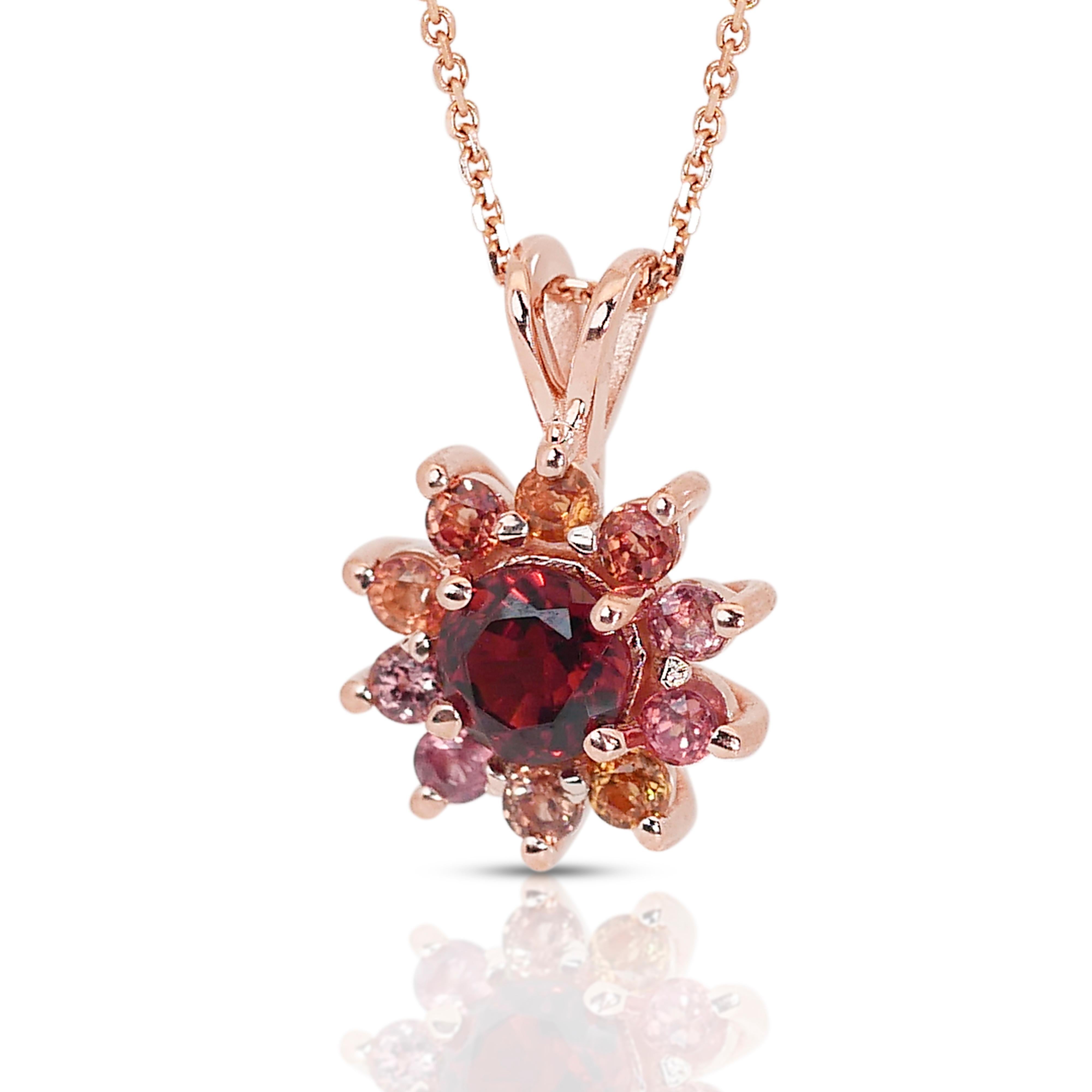 Brilliant Cut Precious 18K Rose Gold Garnet and Sapphire Pendant Necklace w/ 1.40ct - AIG Cert For Sale