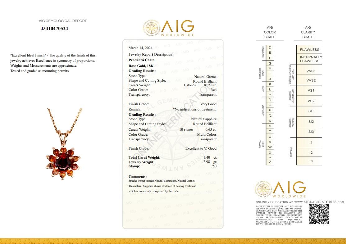 Women's Precious 18K Rose Gold Garnet and Sapphire Pendant Necklace w/ 1.40ct - AIG Cert For Sale