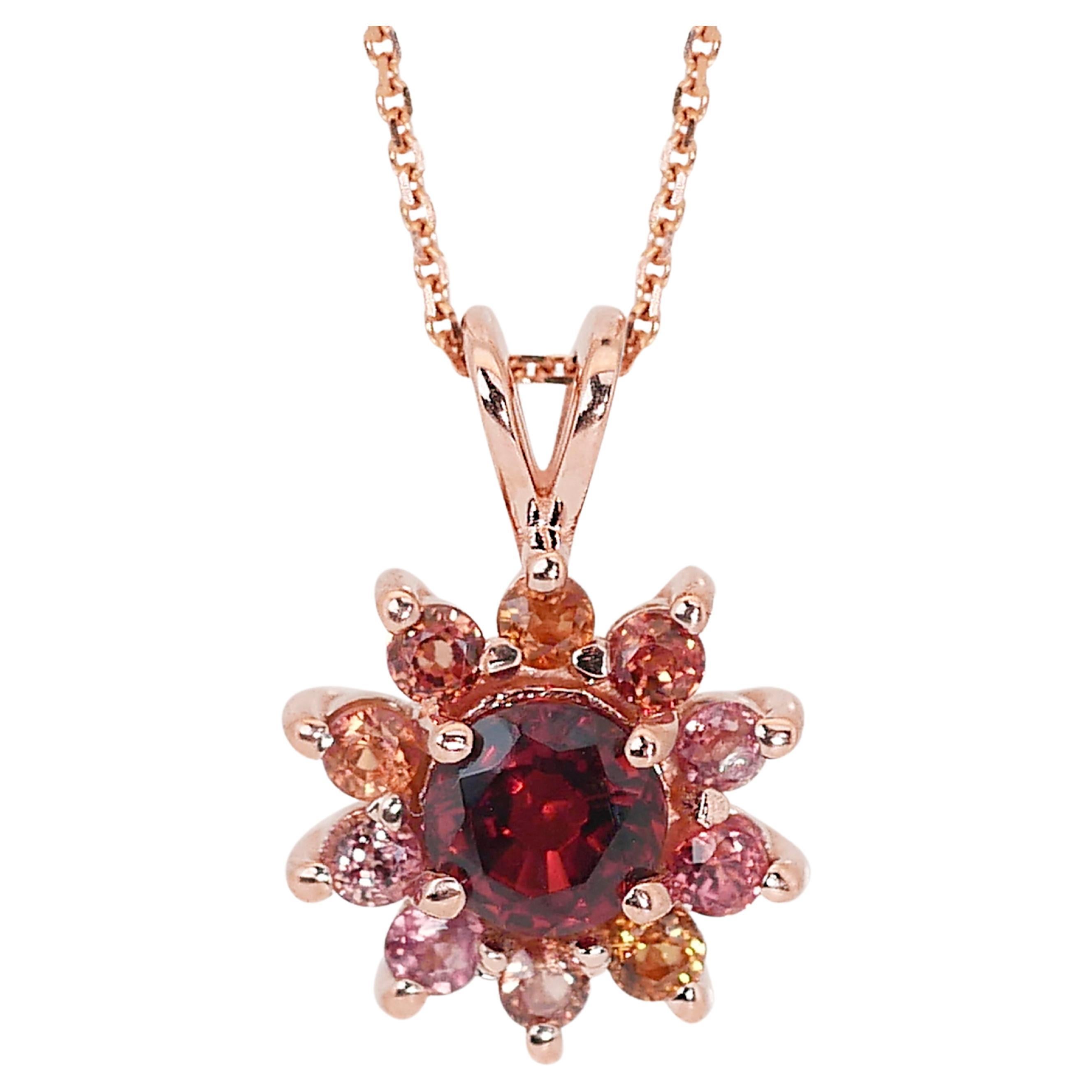 Precious 18K Rose Gold Garnet and Sapphire Pendant Necklace w/ 1.40ct - AIG Cert For Sale
