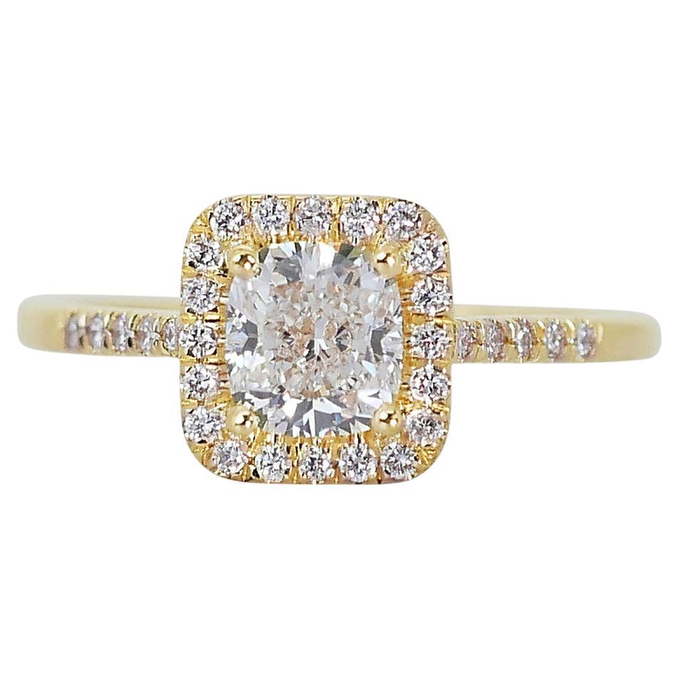 Precious 18K Yellow Gold Ideal Cut Halo Natural Diamond Ring w/1.65ct - IGI Cert For Sale