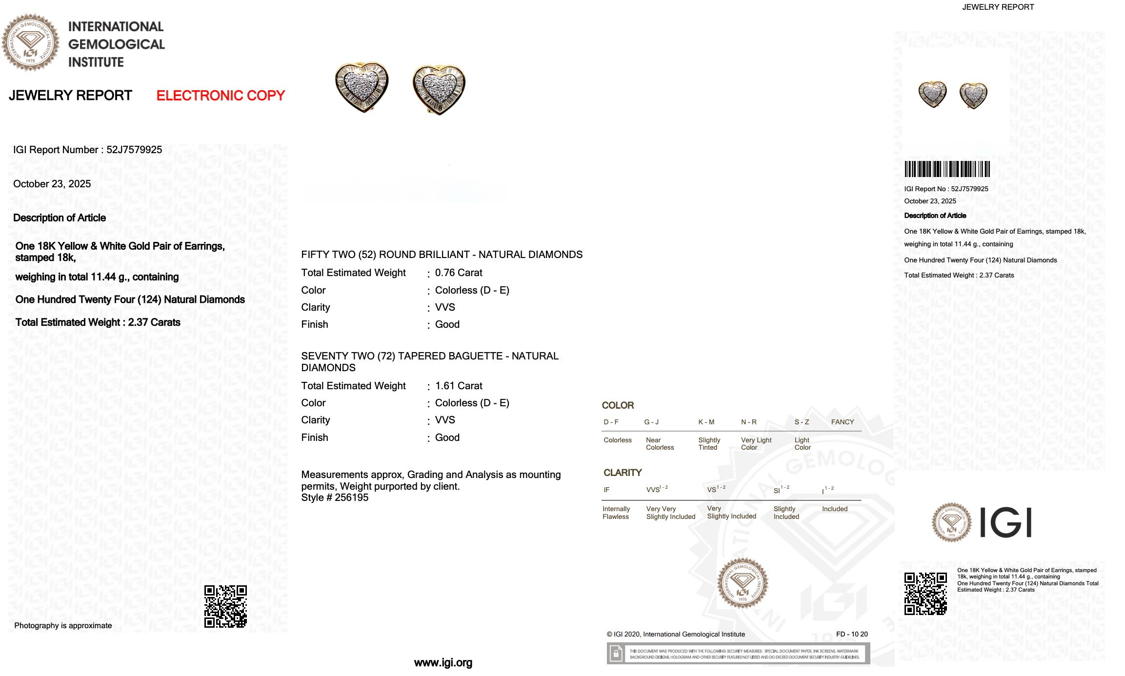 Boucles d'oreilles en forme de cœur en or jaune et blanc 18 carats - IGI Pour femmes en vente