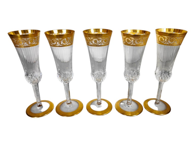 Precious 5 Saint Louis Champagne Glasses Gold Crystal Faceted For Sale