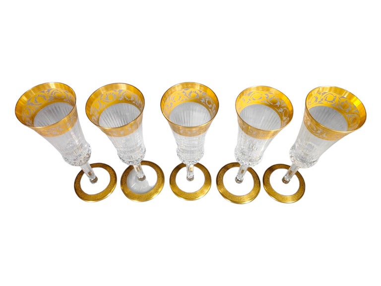 Precious 5 Saint Louis Champagne Glasses Gold Crystal Faceted For Sale