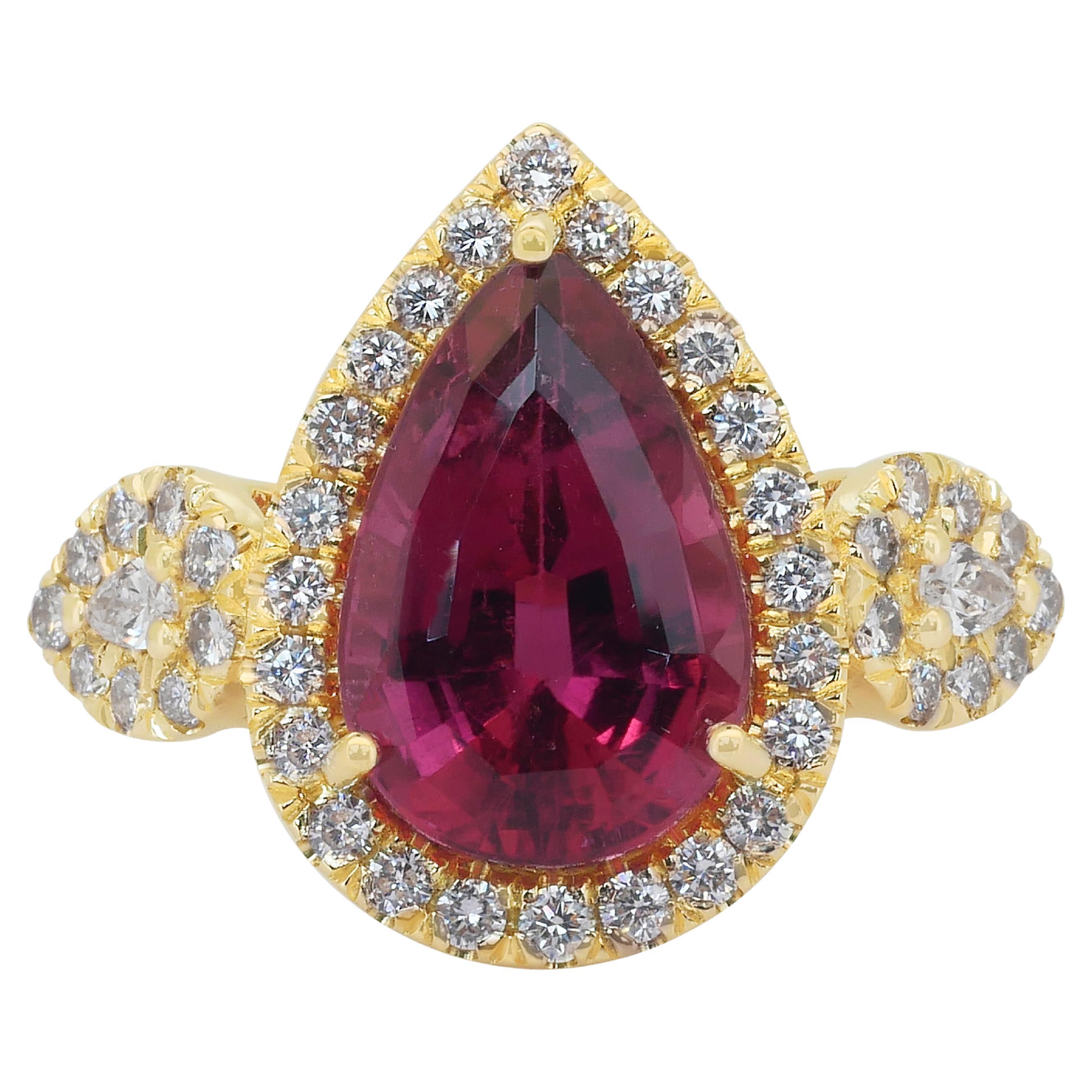 Prezioso anello da cocktail con rubellite e diamanti da 5,93 carati in oro giallo 18 carati - GIA