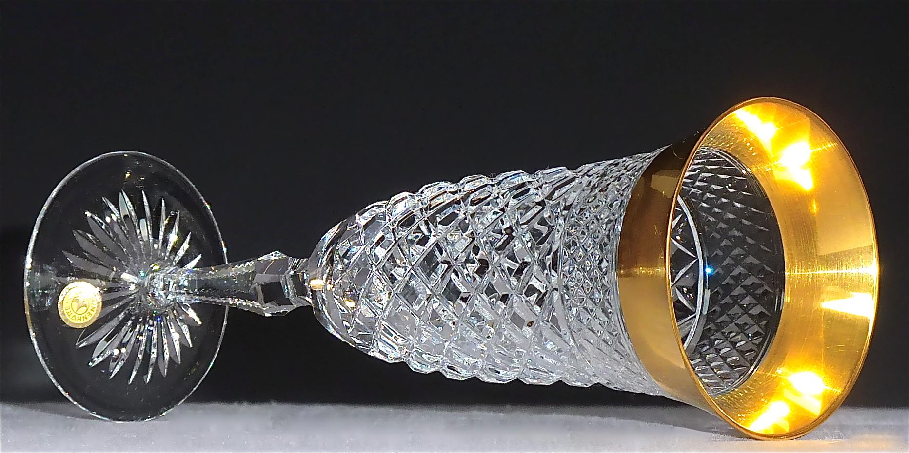 Mid-20th Century Precious 6 Champagne Glasses Gold Crystal Glass Stemware Josephinenhuette Moser For Sale