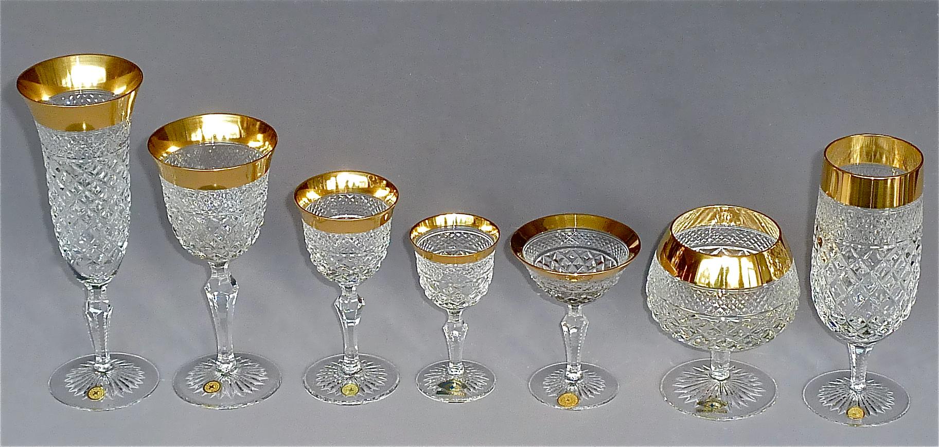Precious 6 Champagne Glasses Gold Crystal Glass Stemware Josephinenhuette Moser For Sale 1