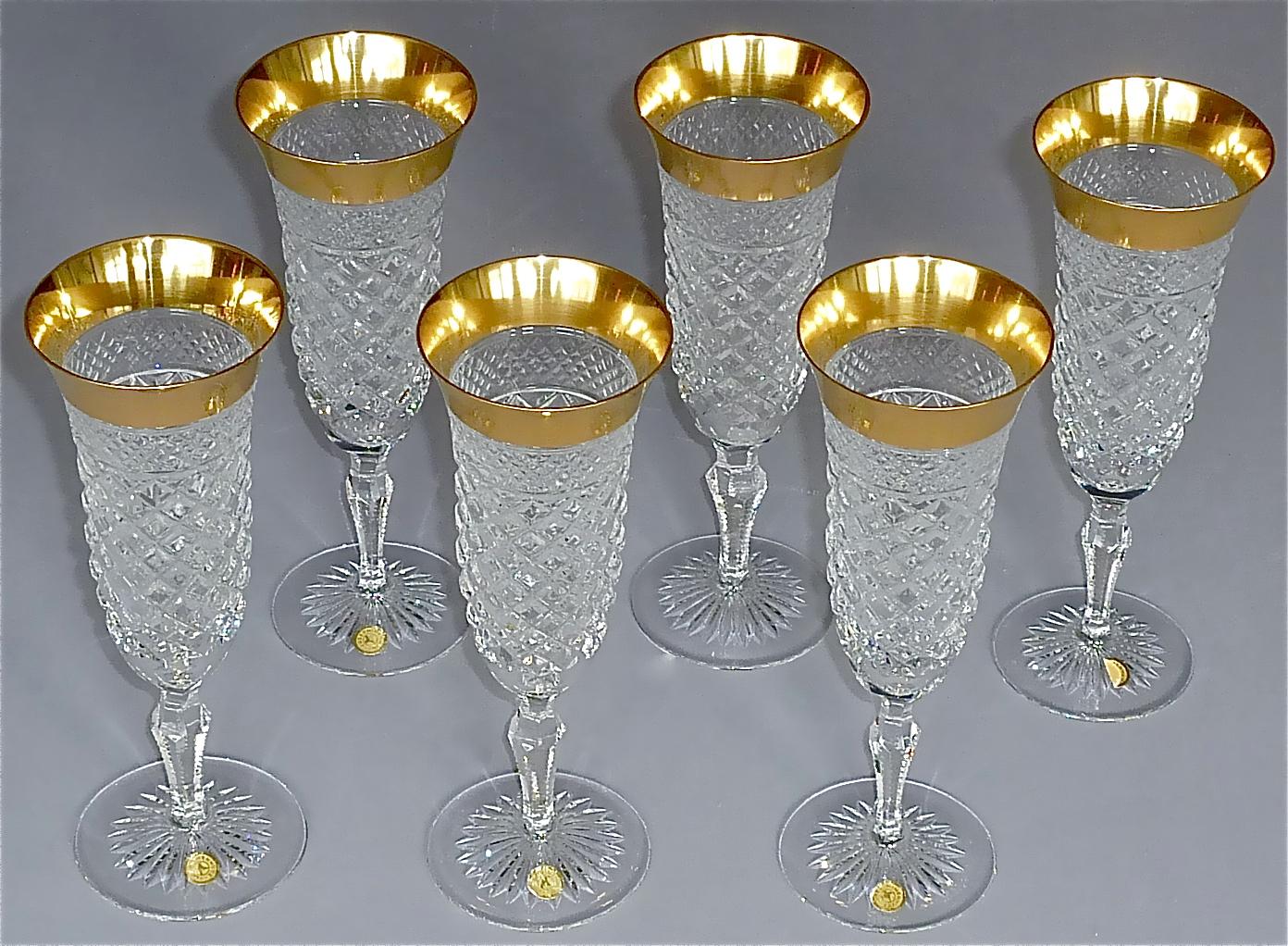 Edelsteine 6 Champagnergläser Gold Kristall Glas Stemware Josephinenhuette Moser (Hollywood Regency) im Angebot