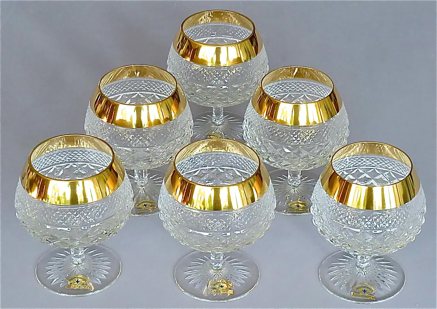 Hollywood Regency Precious 6 Cognac Glasses Gold Crystal Glass Stemware Josephinenhuette Moser