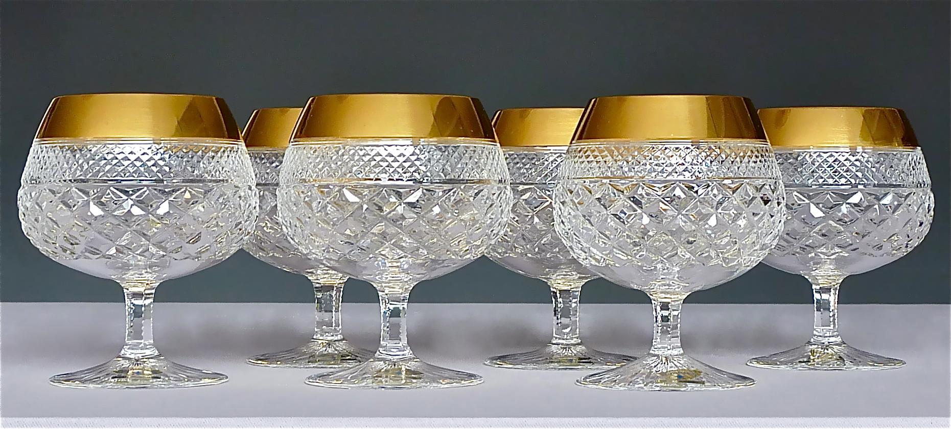 Hand-Crafted Precious 6 Cognac Glasses Gold Crystal Glass Stemware Josephinenhuette Moser For Sale
