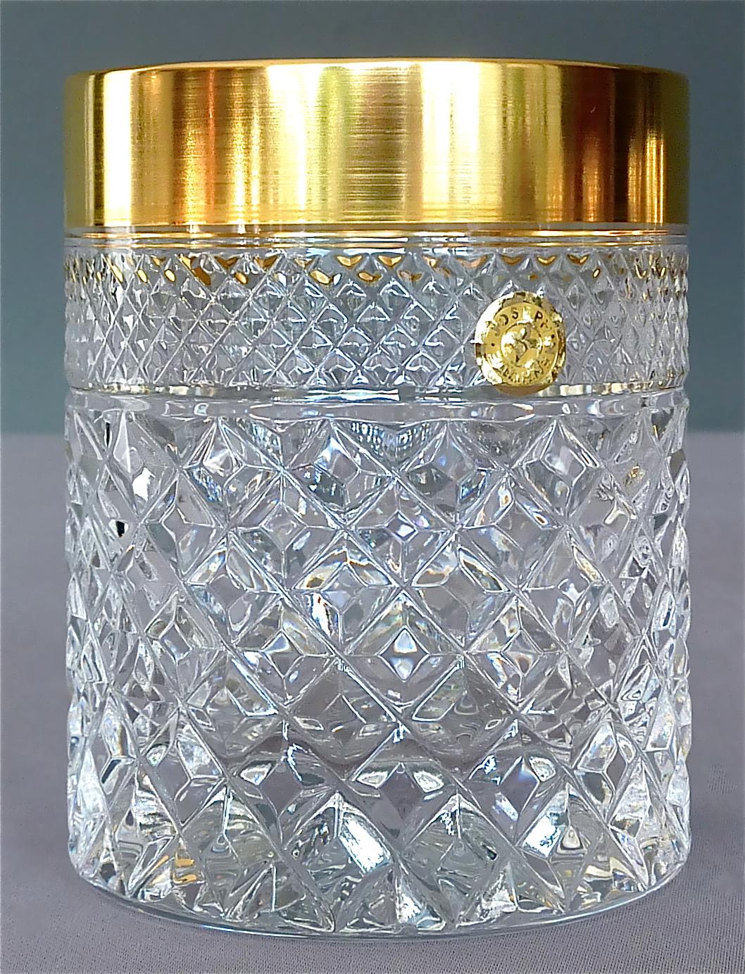Gorgeous 20th century handcrafted faceted crystal glass set with 24-carat gold rim made by Josephinenhütte Moser circa 1960-1970 and very in the style of the exclusive French company Baccarat or Saint Louis thistle. This exquisite set of 6 whisky