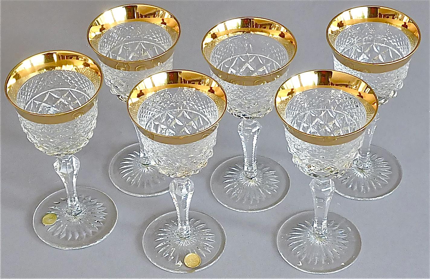 Mid-20th Century Precious 6 Wine Glasses Gold Crystal Faceted Stemware Josephinenhuette Moser For Sale