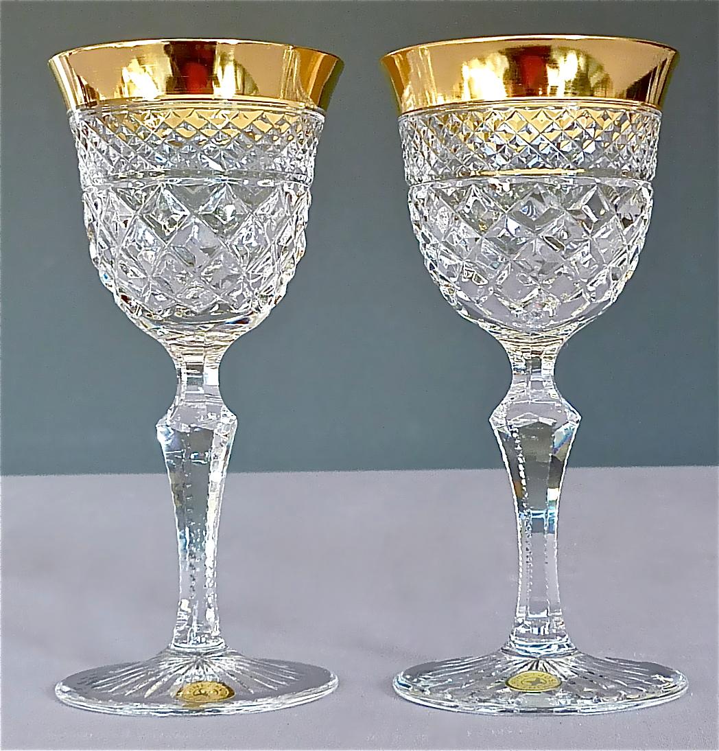 Hand-Crafted Precious 6 Wine Glasses Gold Crystal Faceted Stemware Josephinenhuette Moser For Sale