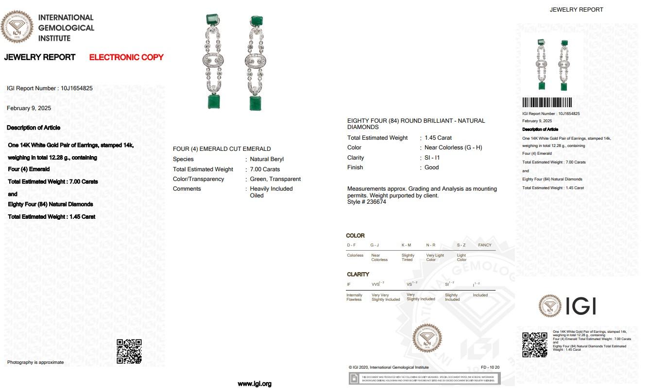 Women's Precious 8.45ct Emeralds and Diamonds Drop Earrings in 14k White Gold