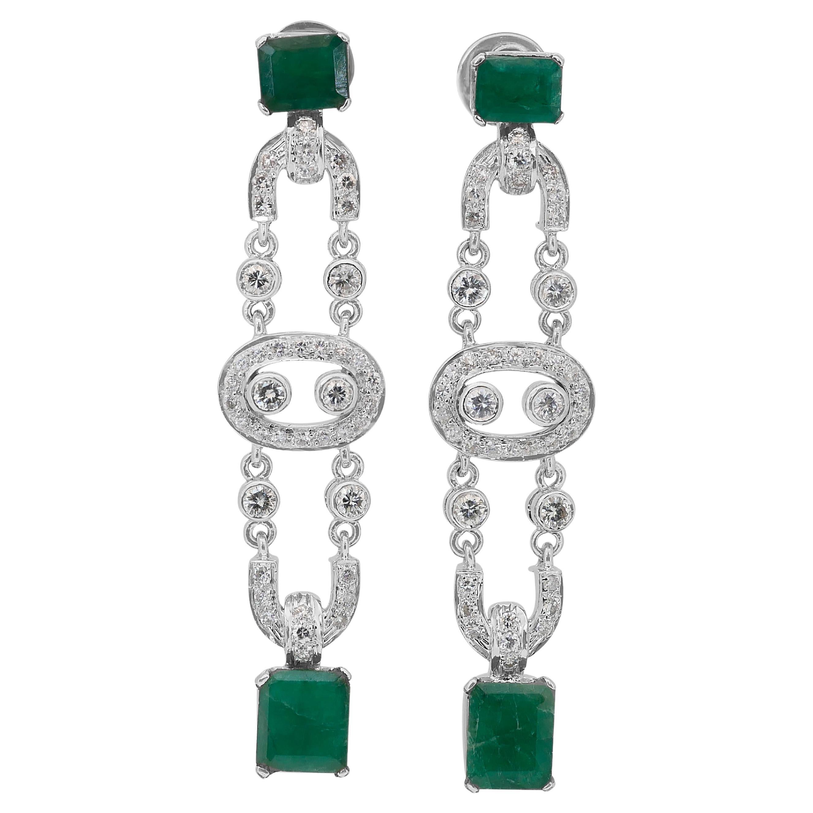 Precious 8.45ct Emeralds and Diamonds Drop Earrings in 14k White Gold