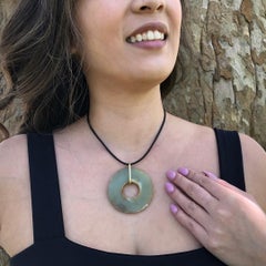 Precious Ancient Chinese Heavenly Green Jade Bi 18-Karat Gold Amulet Necklace