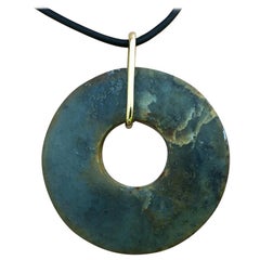 Precious Ancient Chinese Heavenly Green Jade Bi 18-Karat Gold Amulet Necklace
