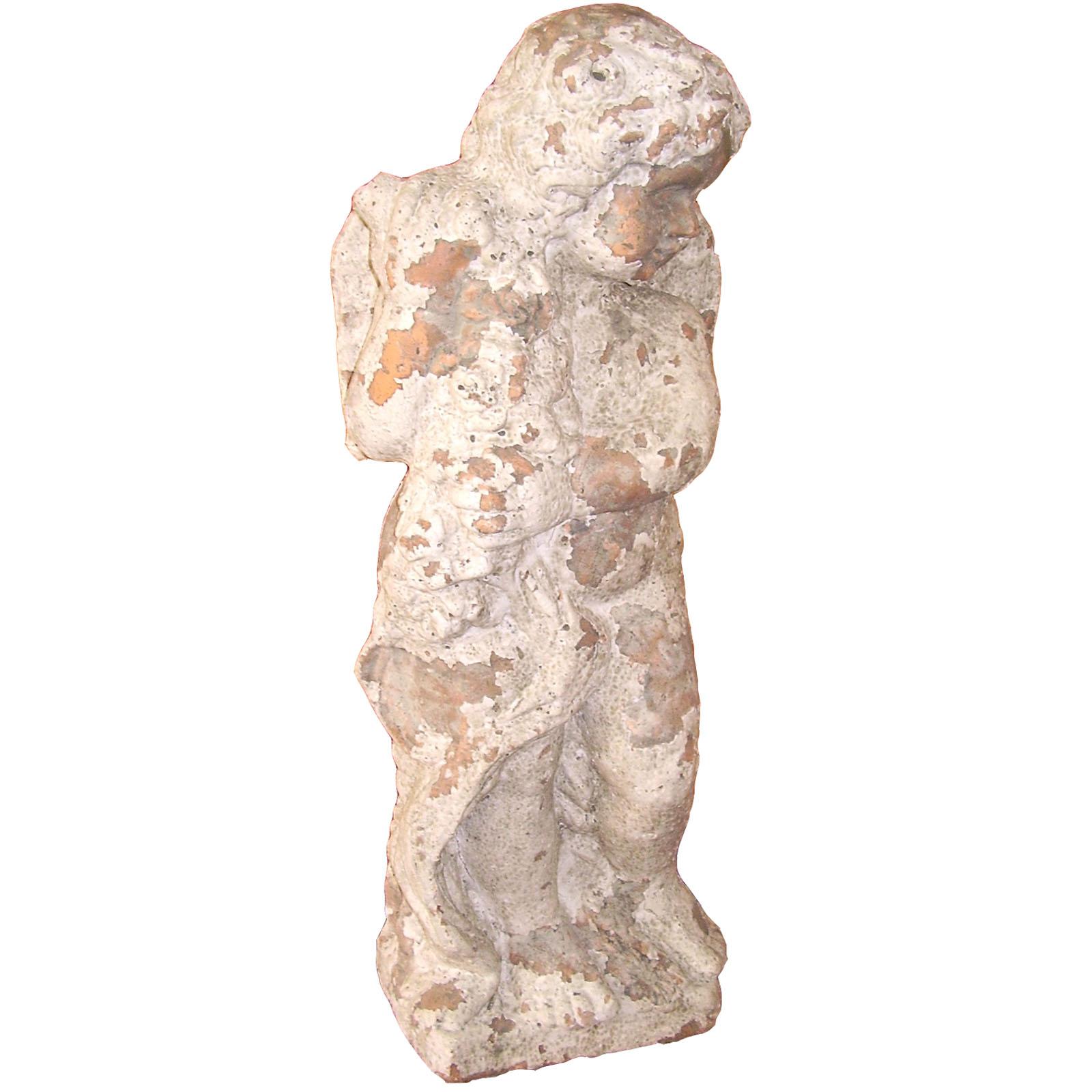 Precieuse et ancienne statue italienne d'un « chérubin » en terre cuite faite à la main