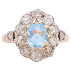 Precious antique aquamarine diamond 18k rose gold and silver cluster ring