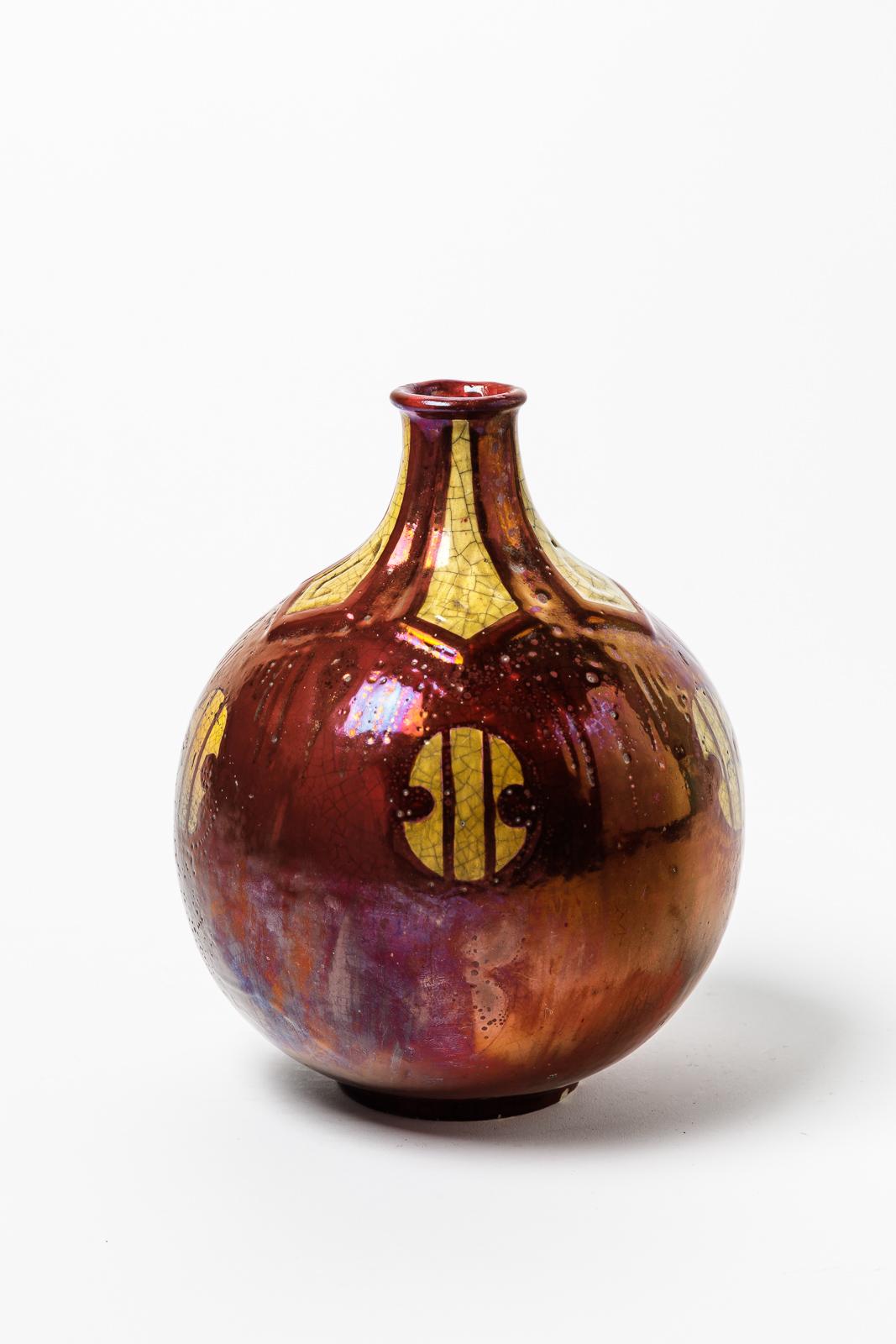 French Precious Art Deco 1930 Red and Yellow Ceramic Vase by Emile and Bruneau Balon For Sale