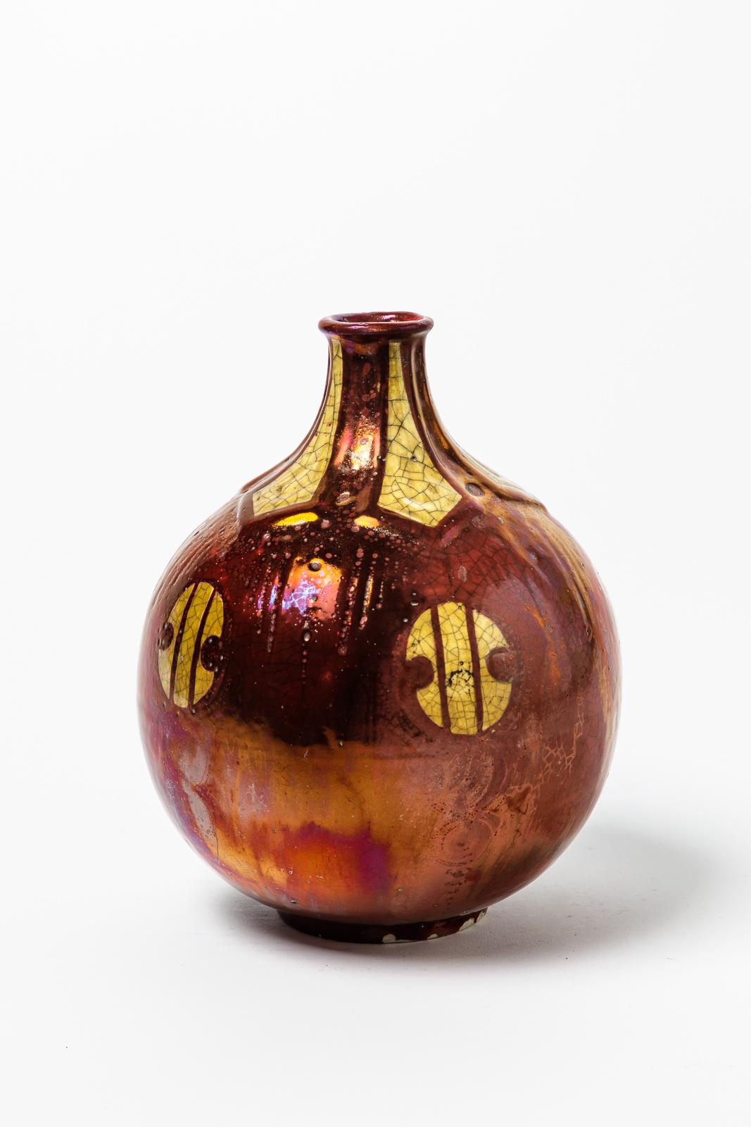 Precious Art Deco 1930 Red and Yellow Ceramic Vase by Emile and Bruneau Balon In Good Condition For Sale In Neuilly-en- sancerre, FR