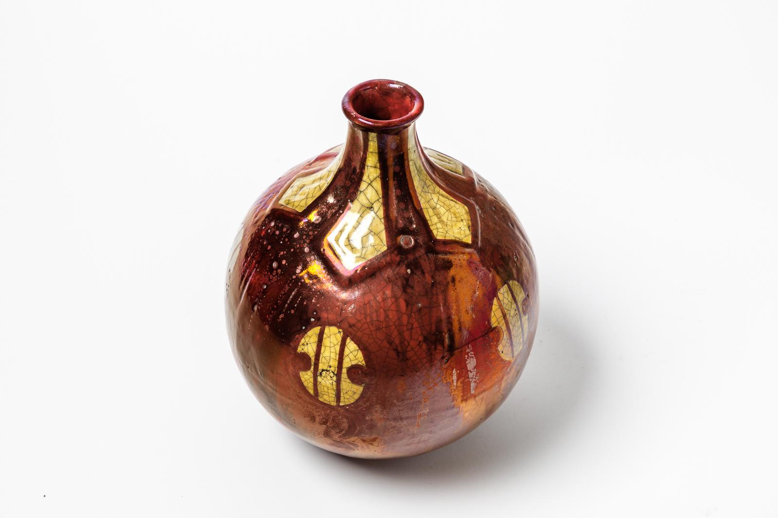 20th Century Precious Art Deco 1930 Red and Yellow Ceramic Vase by Emile and Bruneau Balon For Sale