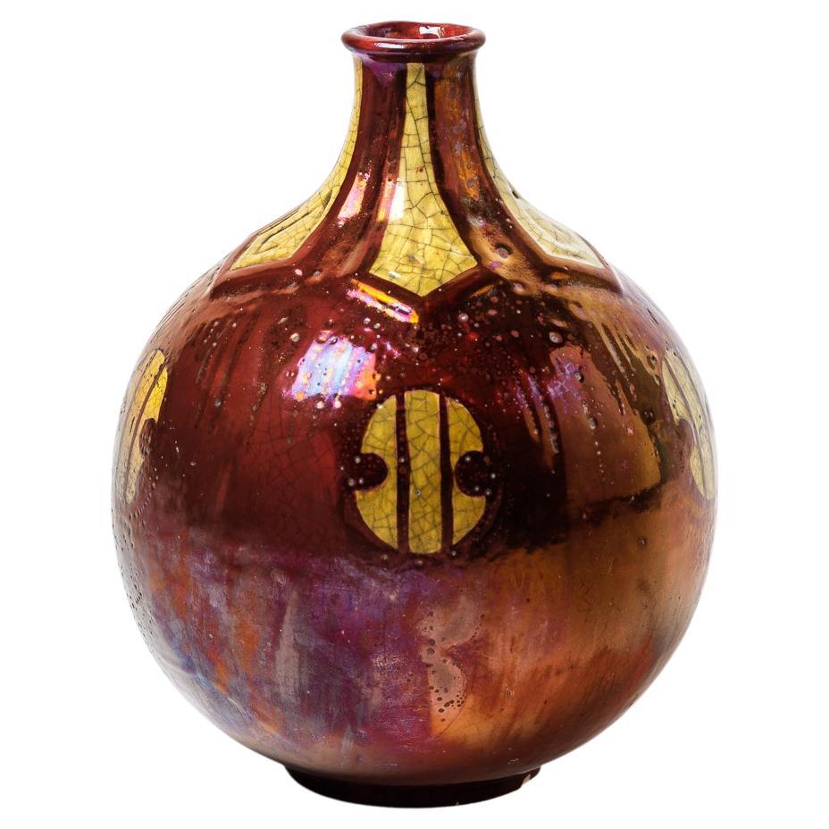 Precious Art Deco 1930 Red and Yellow Ceramic Vase by Emile and Bruneau Balon For Sale