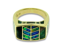Precious Australian Opal Inlay "Hawk Feather" 14 Karat Gold Signet Ring