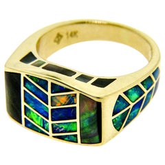 Precious Australian Opal Inlay "Hawk Feather" 14 Karat Gold Signet Ring