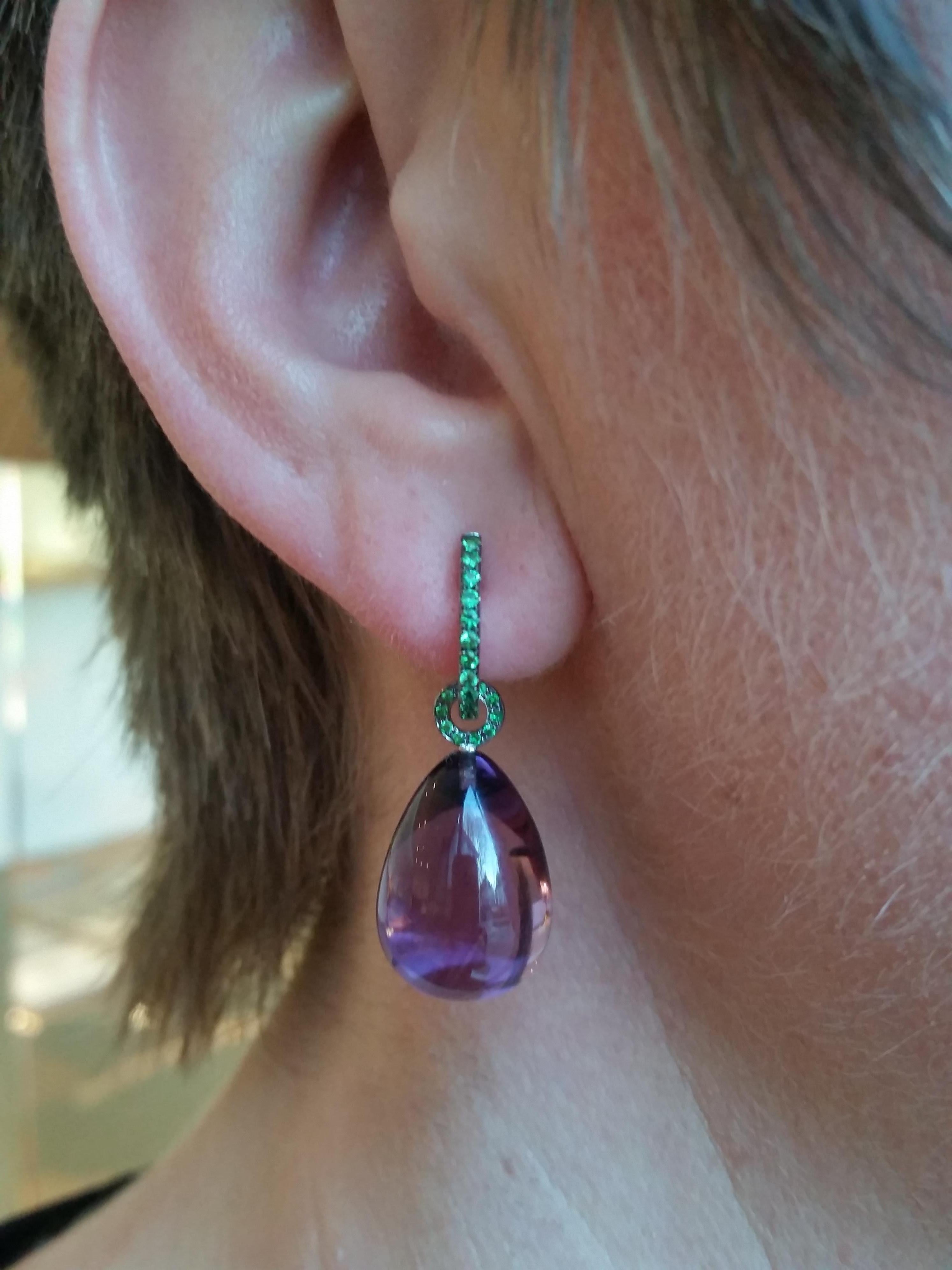 Precious basics earrings 18 carat white gold with amethysts 47.52 ct and tsavorites 0.33 ct designed by Colleen B. Rosenblat.