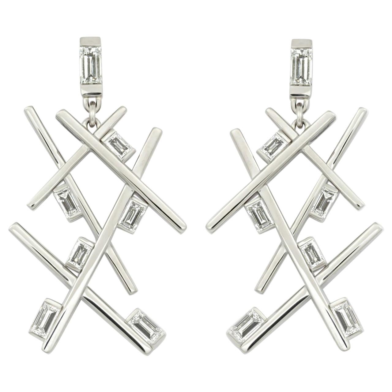 Precious Basics Earrings, 18 KT White Gold, 14 Baguette Diamonds 2.25 ct tw/vsi For Sale