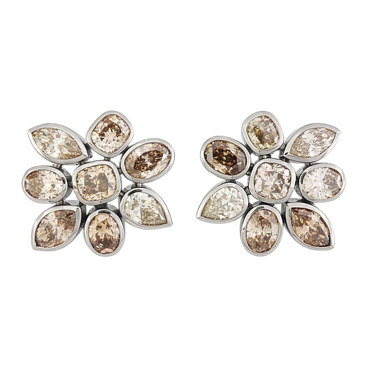 Precious Basics Earrings, 18 Karat White Gold 16 Cognac Colored Diamonds 9.05 Ct