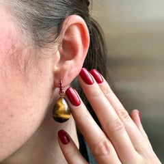 Precious Basics Earrings, 18k Yellow Gold, Tiger's Eye 64.5 Ct, Rubies 0.50 Ct