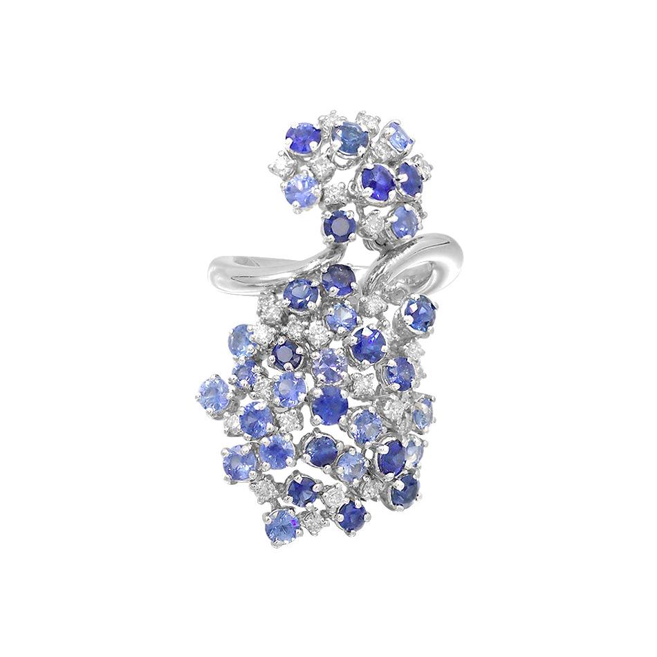 Precious Blue, Purple Sapphire White Diamond 18 Karat Gold Flower Statement Ring