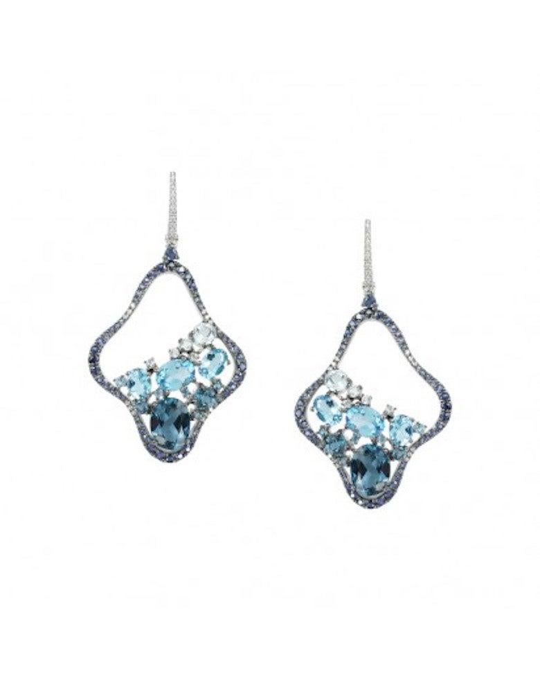 Round Cut Precious Blue Sapphire / Topaz White Diamond White Gold Drop Earrings For Sale