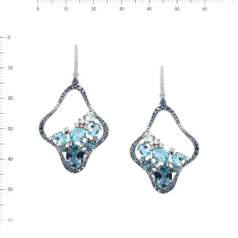 Precious Blue Sapphire / Topaz White Diamond White Gold Drop Earrings In New Condition For Sale In Montreux, CH