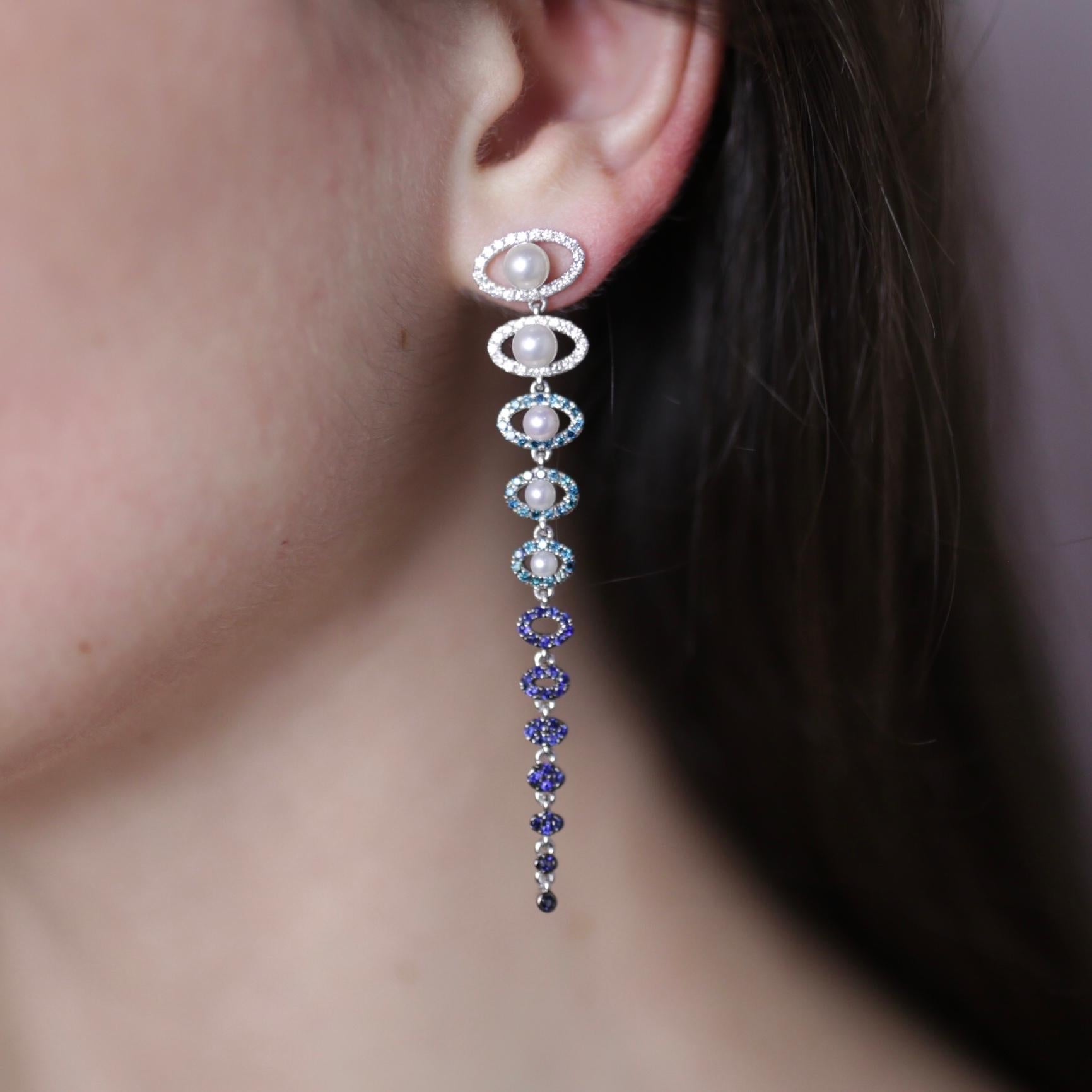 Precious Blue Sapphire White Diamond Pearl White Gold 18 Karat Drop Earrings In New Condition For Sale In Montreux, CH