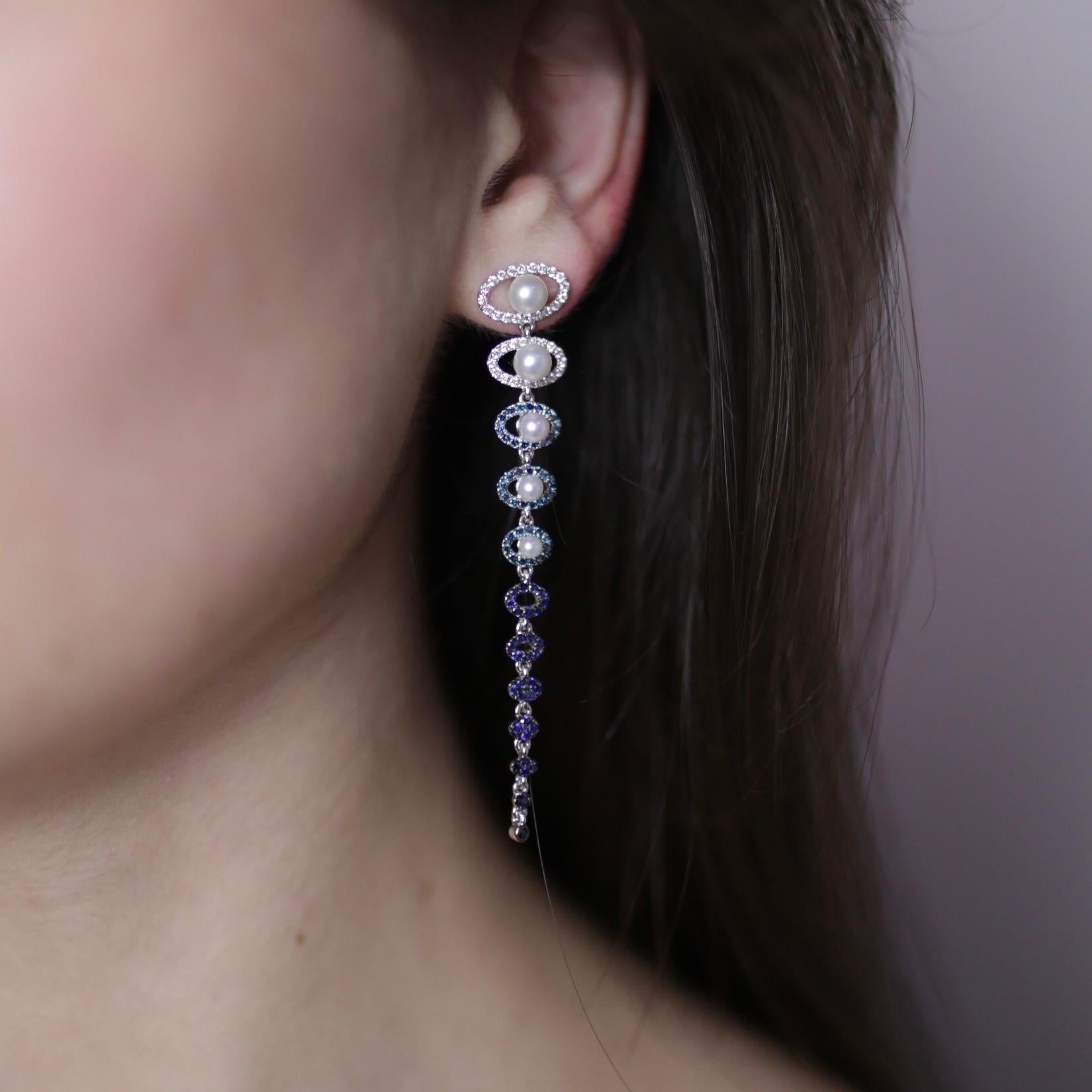 Women's Precious Blue Sapphire White Diamond Pearl White Gold 18 Karat Drop Earrings For Sale