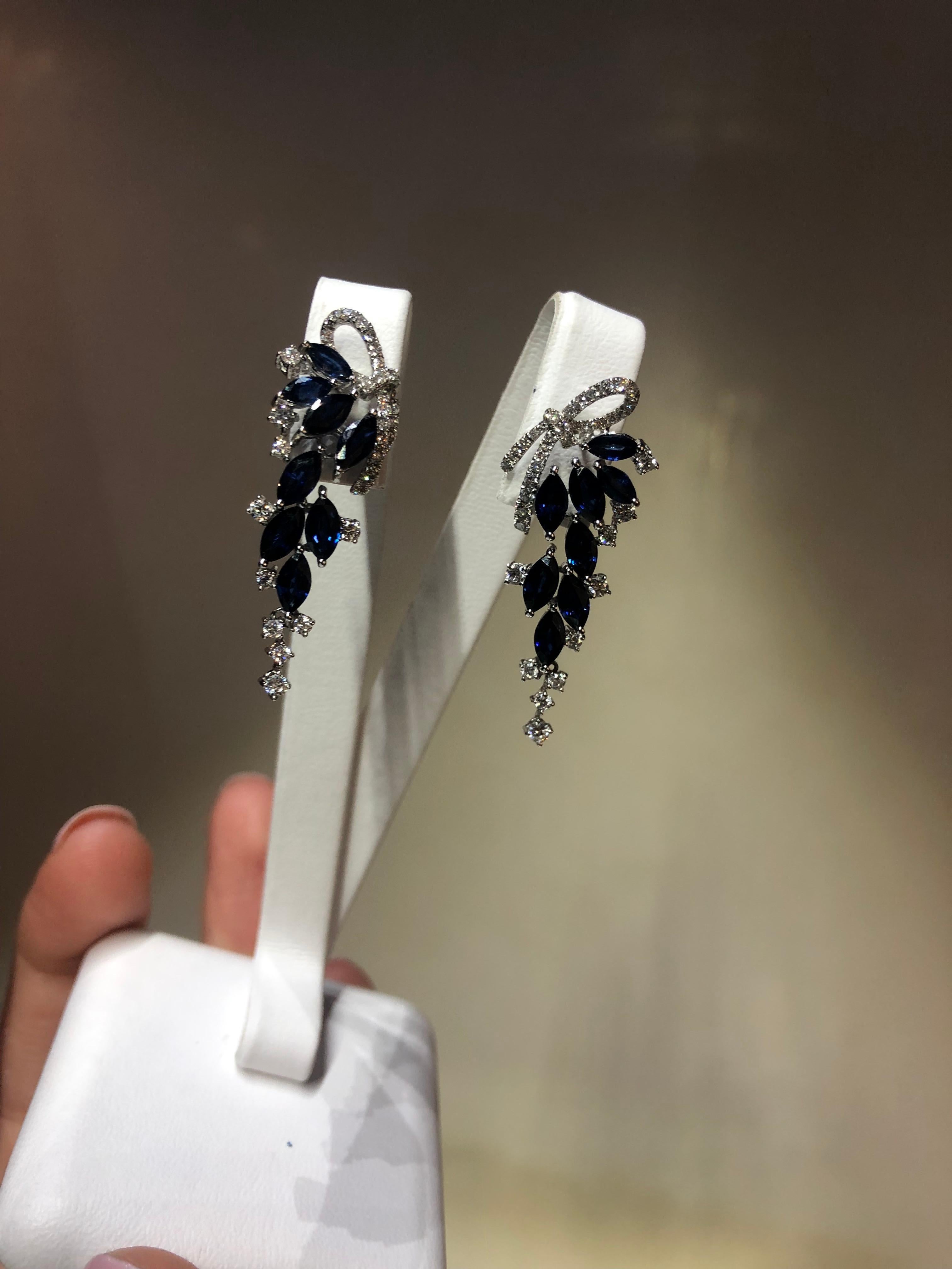 Round Cut Precious Blue Sapphire White Diamond White Gold Drop Earrings For Sale