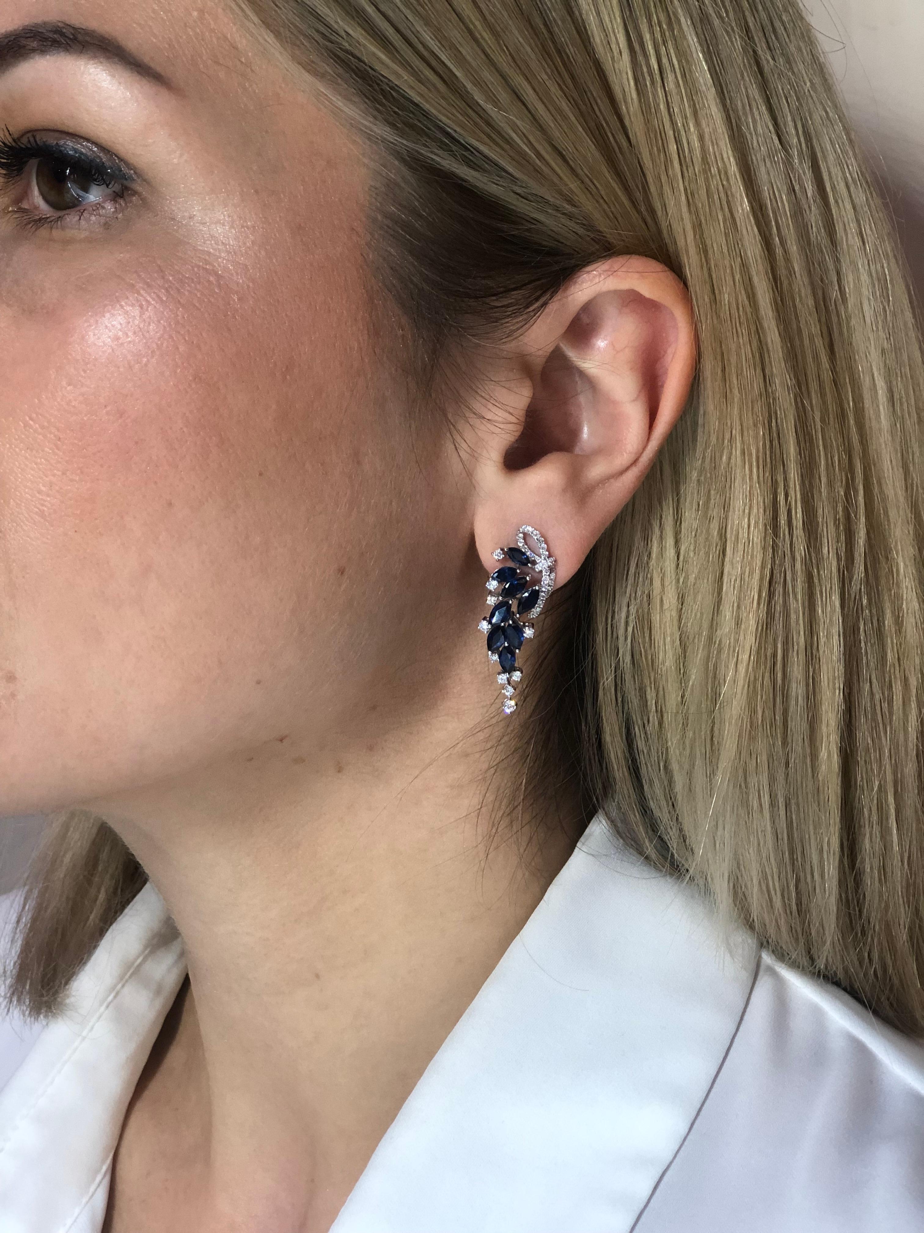 Women's Precious Blue Sapphire White Diamond White Gold Drop Earrings For Sale