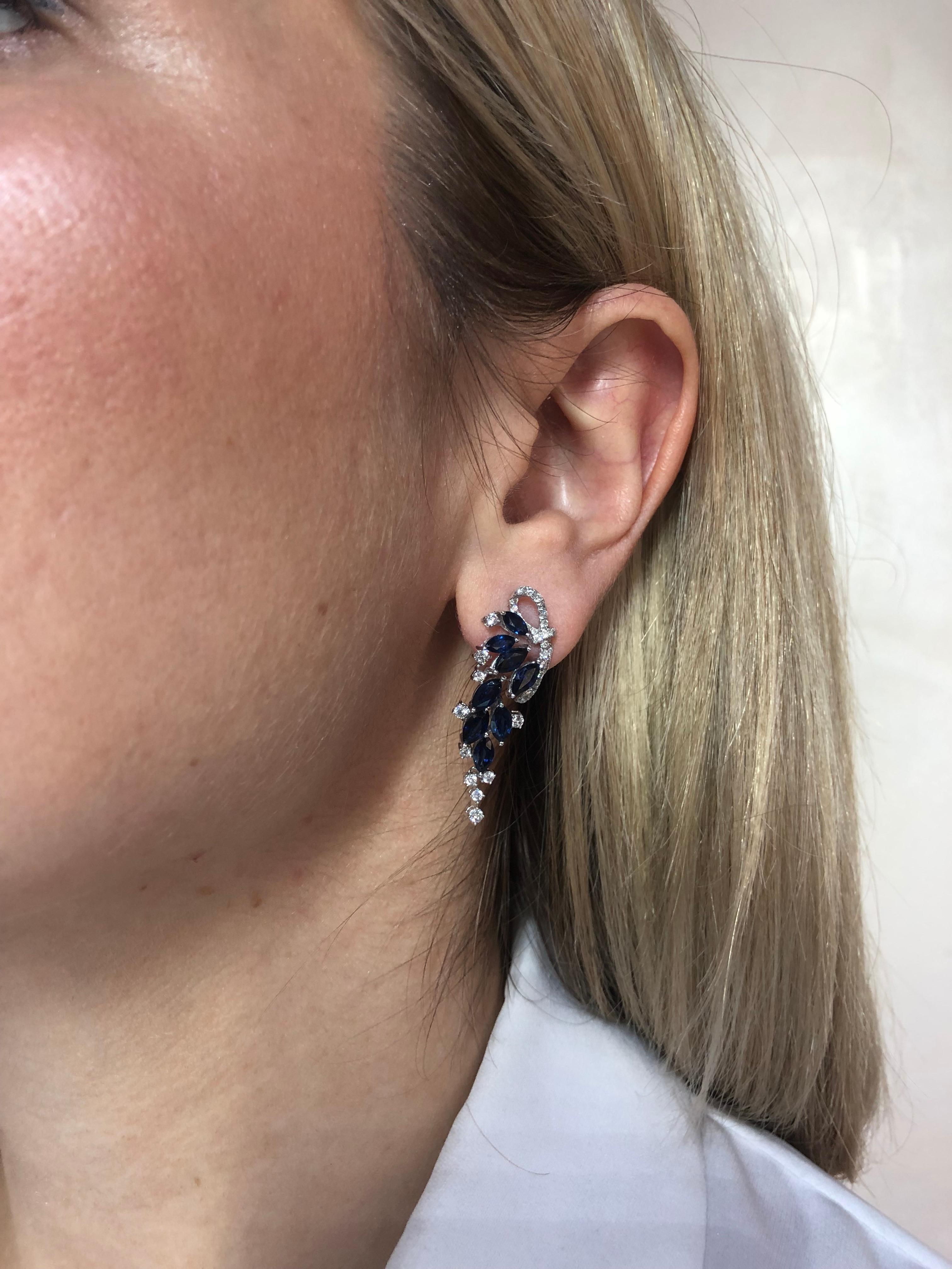 Precious Blue Sapphire White Diamond White Gold Drop Earrings For Sale 1