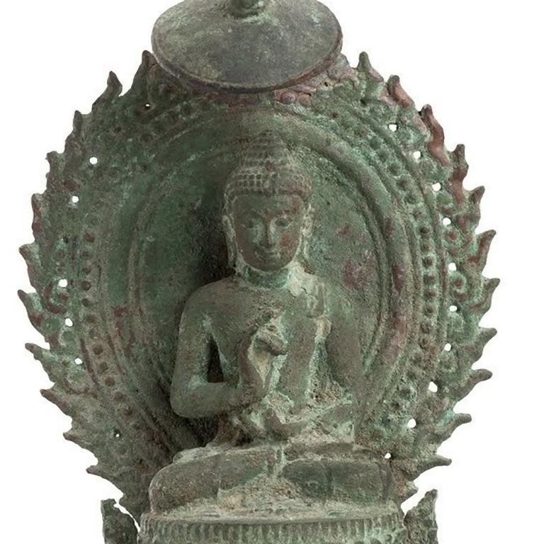 Indonesian Precious Bronze Throned Buddha, Indonesia, 13th Century