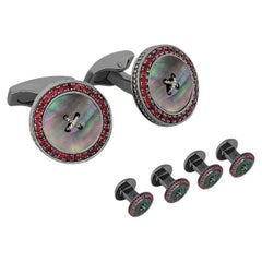 Precious Button Cufflink Stud Set with Black Mother of Pearl and Rubies