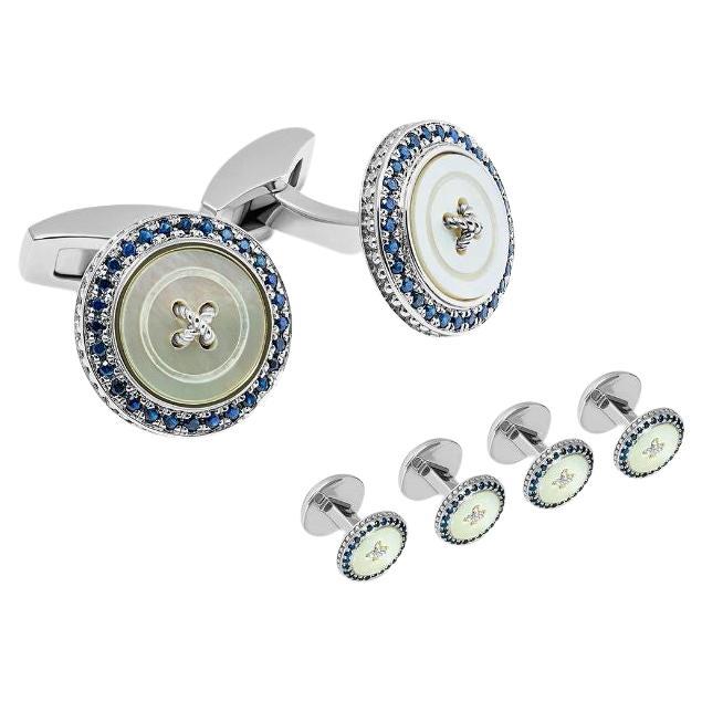 Precious Button Cufflink Stud Set with White Mother of Pearl and Sapphires For Sale