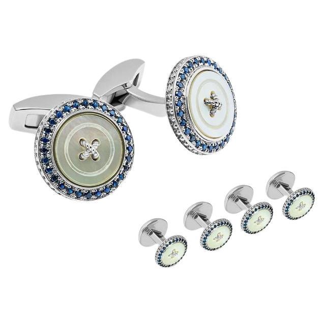 Set di gemelli con bottone prezioso, madreperla bianca e zaffiri
