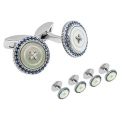 Set di gemelli con bottone prezioso, madreperla bianca e zaffiri