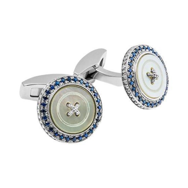 Precious Button Cufflinks with White Mother of Pearl & Sapphires For Sale
